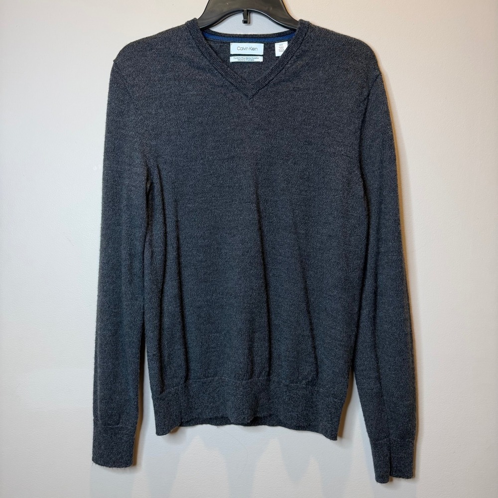 Calvin Klein Mens 100% Extra Fine Merino Wool V-Neck Sweater Gray Size Small S
